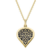 9ct Yellow Gold Blue Goldstone Flore Filigree Medium Heart Necklace. P3630.