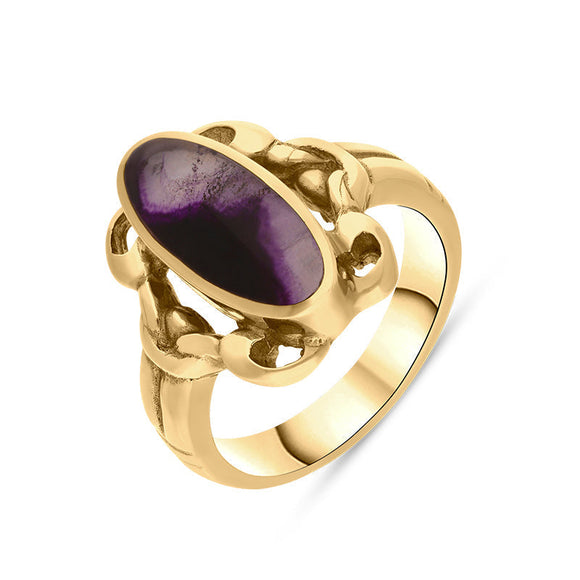 9ct Yellow Gold Blue John Heavy Oval Ornate Edge Ring, R095