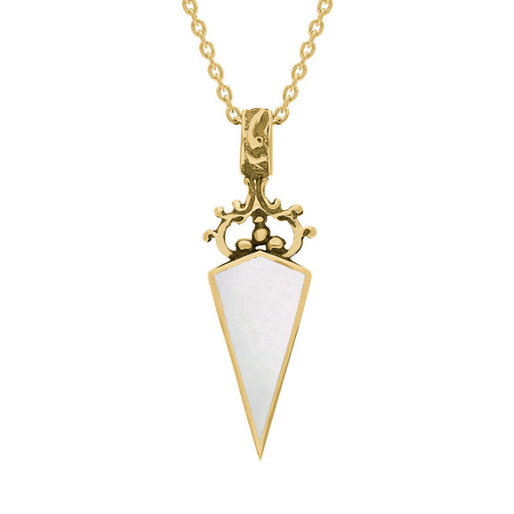 9ct Yellow Gold Blue John White Mother Of Pearl Double Sided Scroll Top Dagger Fob Necklace, P423_2.