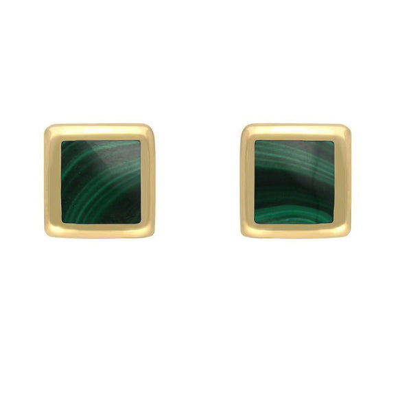 9ct Yellow Gold Malachite Dinky Square Stud Earrings, E034.
