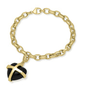 9ct Yellow Gold Whitby Jet Large Cross Heart Charm Bracelet, B1211