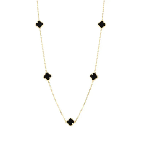 9ct Yellow Gold Whitby Jet Bloom Four Leaf Clover Ball Edge Necklace, N1154
