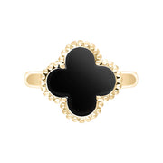 9ct Yellow Gold Whitby Jet Bloom Four Leaf Clover Ball Edge Ring