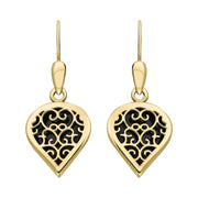 9ct Yellow Gold Whitby Jet Flore Filigree Heart Drop Earrings. E2588.