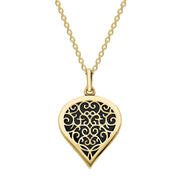9ct Yellow Gold Whitby Jet Flore Filigree Medium Heart Necklace. P3630.