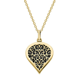 9ct Yellow Gold Whitby Jet Flore Filigree Medium Heart Necklace. P3630.