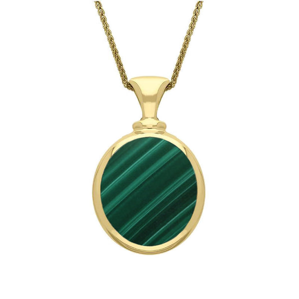 9ct Yellow Gold Whitby Jet Malachite Small Double Sided Oval Fob Necklace, P219.