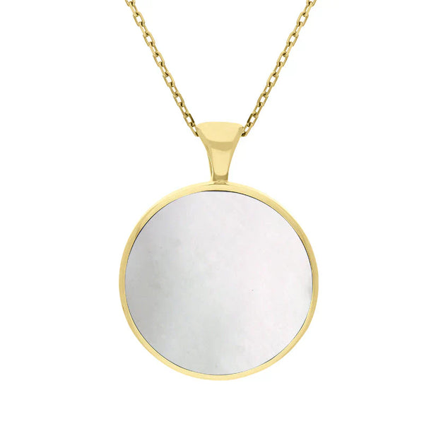 9ct Yellow Gold Whitby Jet Mother Of Pearl Large Double Sided Round Fob Necklace, P012.
