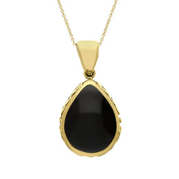 9ct Yellow Gold Whitby Jet Turquoise Double Sided Celtic Edge Pear Cut Fob Necklace, P410_2.