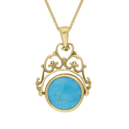 9ct Yellow Gold Whitby Jet Turquoise Double Sided Round Swivel Fob Necklace, P110_2.