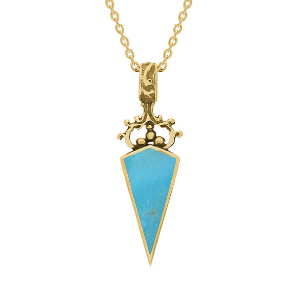 9ct Yellow Gold Whitby Jet Turquoise Double Sided Scroll Top Dagger Fob Necklace, P423.