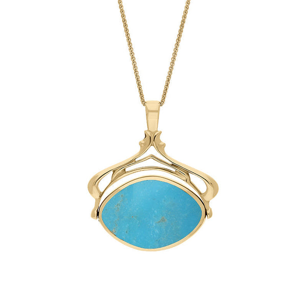 9ct Yellow Gold Whitby Jet Turquoise Marquise Swivel Fob Necklace, P115_10.