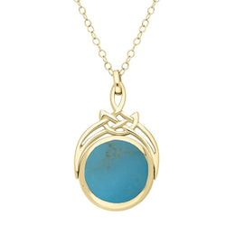 9ct Yellow Gold Whitby Jet Turquoise Round Swivel Fob Necklace, P258_12.