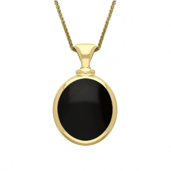 9ct Yellow Gold Whitby Jet Turquoise Small Double Sided Oval Fob Necklace, P219_2.