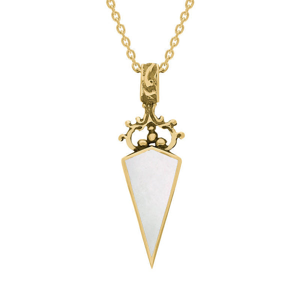 9ct Yellow Gold Whitby Jet White Mother Of Pearl Double Sided Scroll Top Dagger Fob Necklace, P423.