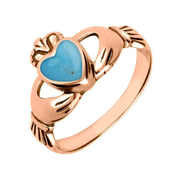 9ct Rose Gold Turquoise Claddagh Set Ring, R074