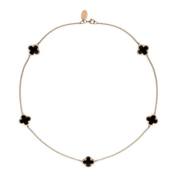 9ct Rose Gold Whitby Jet Bloom Four Leaf Clover Long Necklace, N1128.