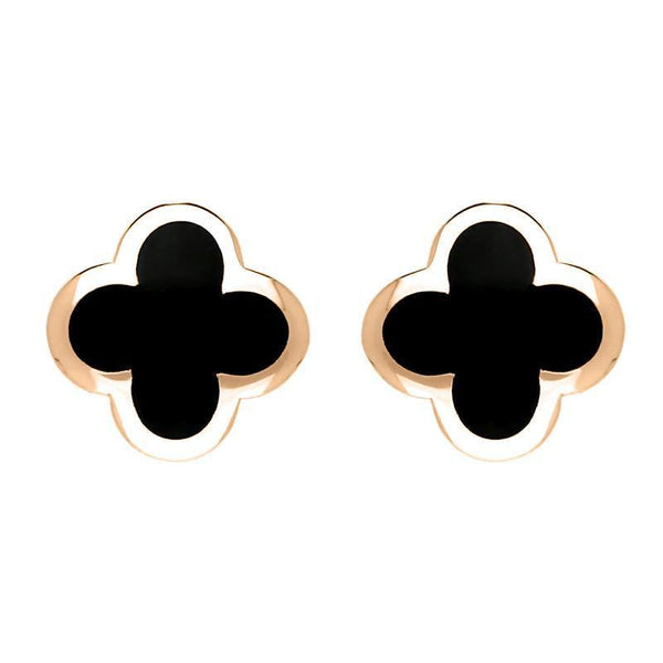 9ct Rose Gold Whitby Jet Bloom Four Leaf Clover Stud Earrings, E2465.