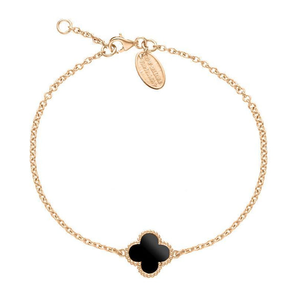  9ct Rose Gold Whitby Jet Bloom Four Leaf Clover Ball Edge Chain Bracelet, B1154.