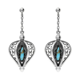 9ct White Gold Turquoise Flore Filigree Drop Earrings E1781