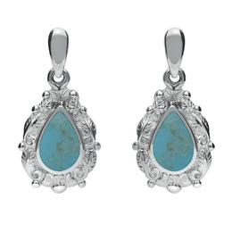 9ct White Gold Turquoise Pear Shaped Leaf Drop Earrings, E083.