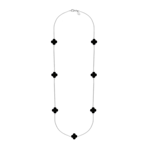 9ct White Gold Whitby Jet Bloom Four Leaf Clover Ball Edge Long Necklace, N1040.