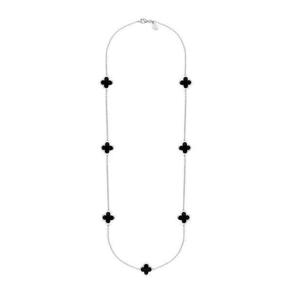 9ct White Gold Whitby Jet Bloom Four Leaf Clover Long Necklace, N1129.