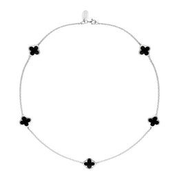 9ct White Gold Whitby Jet Bloom Four Leaf Clover Necklace, N1128.