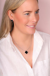 9ct White Gold Whitby Jet Bloom Large Four Leaf Clover Ball Edge Chain Necklace, N1043.