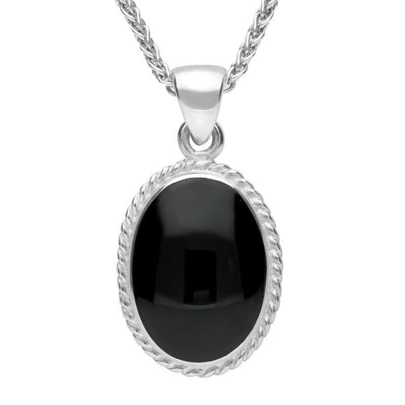 9ct White Gold Whitby Jet Heritage Rope Edge Medium Oval Pendant, P004. 