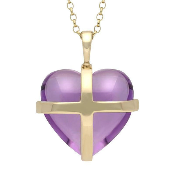 9ct Yellow Gold Amethyst Medium Cross Heart Necklace, P1543.