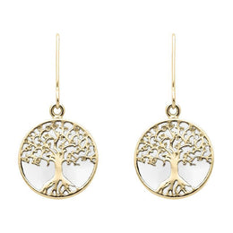 9ct Yellow Gold Bauxite Round Tree of Life Drop Earrings, E2429.