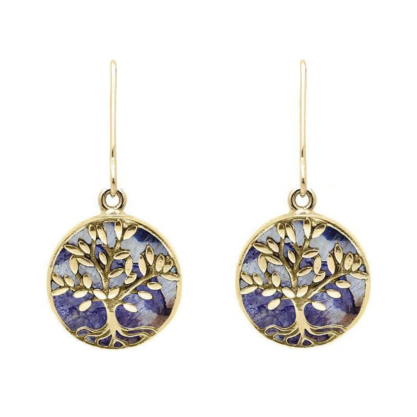 9ct Yellow Gold Blue John Round Large Tree of Life Leaves Drop Earrings, E2427.