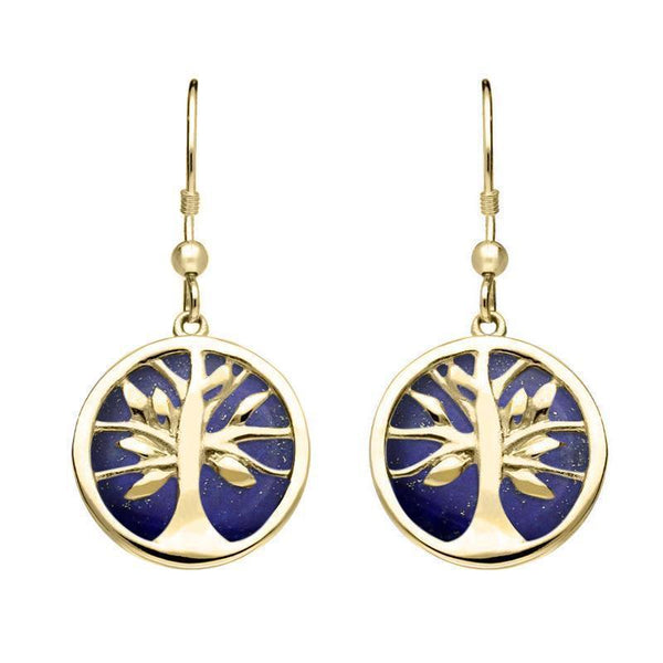 9ct Yellow Gold Lapis Lazuli Round Tree of Life Drop Earrings, E2485.