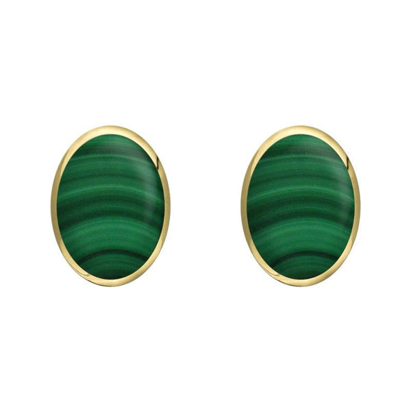 9ct Yellow Gold Malachite 8 x 6mm Classic Medium Oval Stud Earrings, E006.