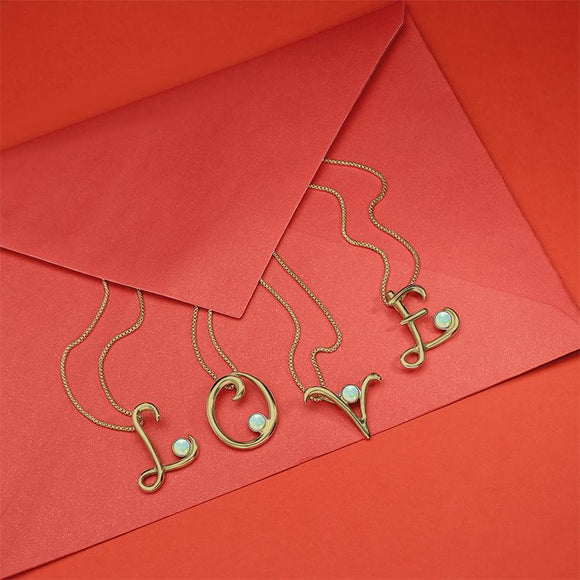9ct Yellow Gold Opal Love Letters Initial W Necklace, P3470.