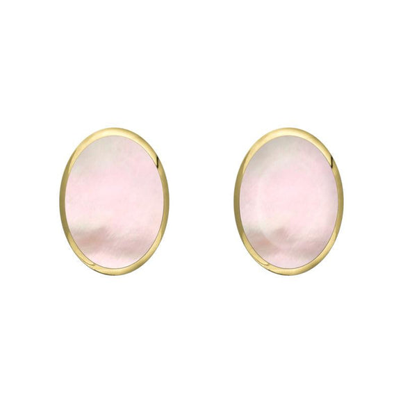 9ct Yellow Gold Pink Mother of Pearl 7 x 5mm Classic Small Oval Stud Earrings, E005.