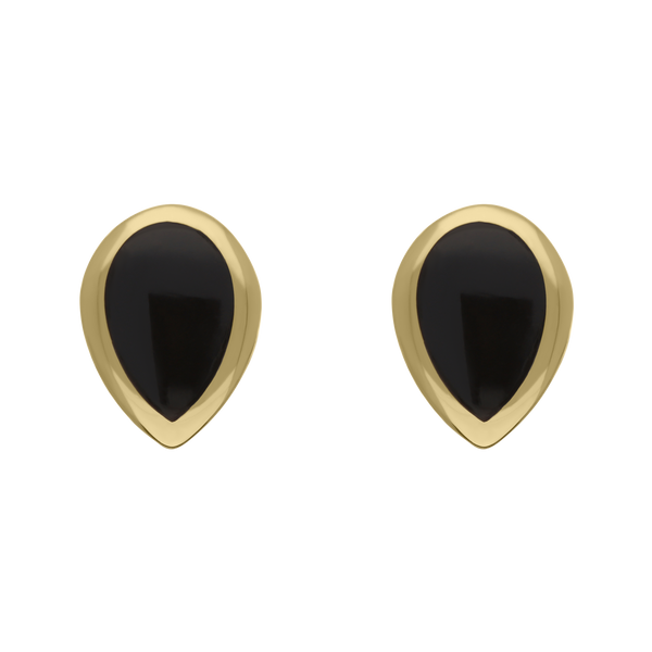 9ct Yellow Gold Sterling Silver Whitby Jet Stepping Stones Pear Stud Earrings E1294