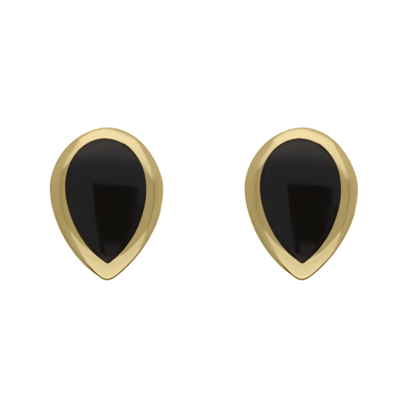 9ct Yellow Gold Sterling Silver Whitby Jet Stepping Stones Pear Stud Earrings E1294