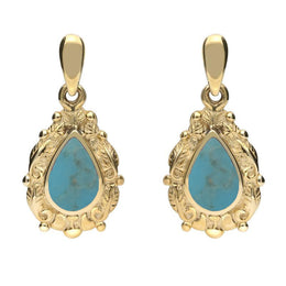 9ct Yellow Gold Turquoise Pear Shaped Leaf Drop Earrings, E083.