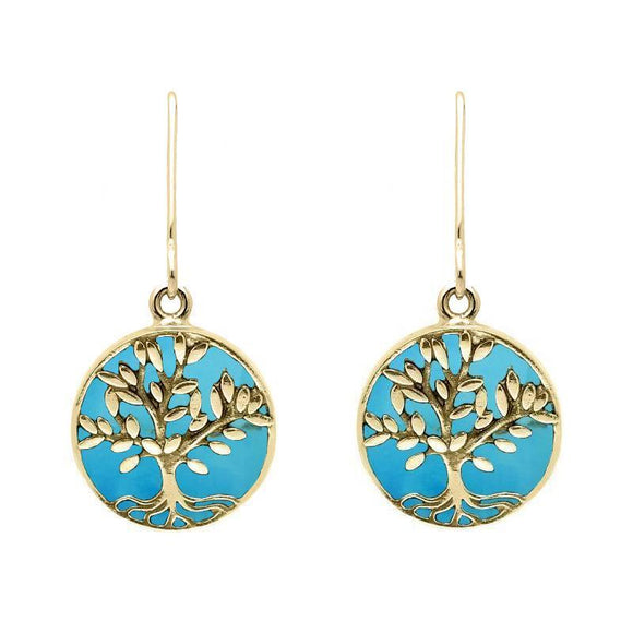 9ct Yellow Gold Turquoise Round Large Leaves Tree of Life Two Piece Set, S062.