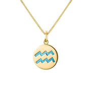 9ct Yellow Gold Turquoise Zodiac Aquarius Round Necklace, P3598.