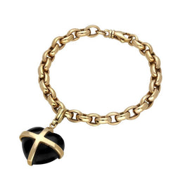 9ct Yellow Gold Whitby Jet Cross Heart Charm Bracelet, B681