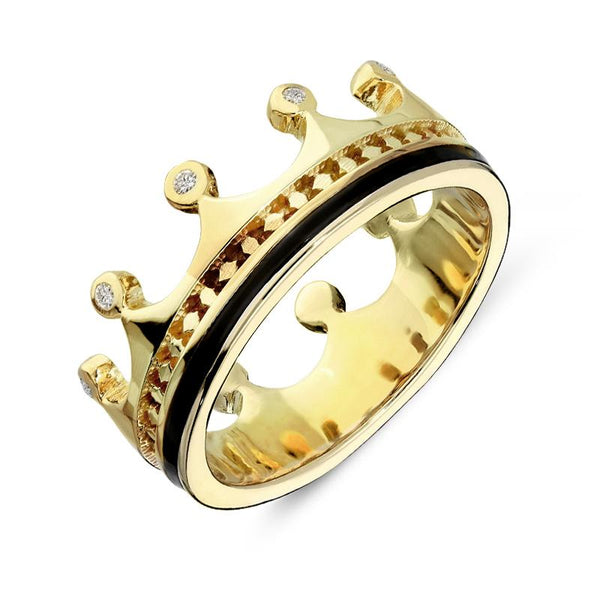 9ct Yellow Gold Whitby Jet Diamond Tiara Band Ring. R1222.