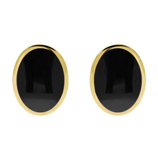 9ct Yellow Gold Whitby Jet Oval Flat Omega Stud Earrings. E084.