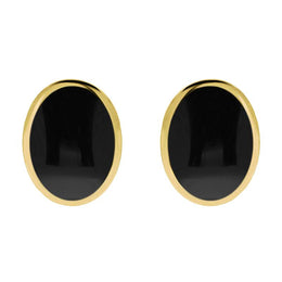 9ct Yellow Gold Whitby Jet Oval Flat Omega Stud Earrings. E084.