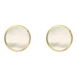 9ct Yellow Gold White Mother of Pearl 8mm Classic Large Round Stud Earrings, e004.