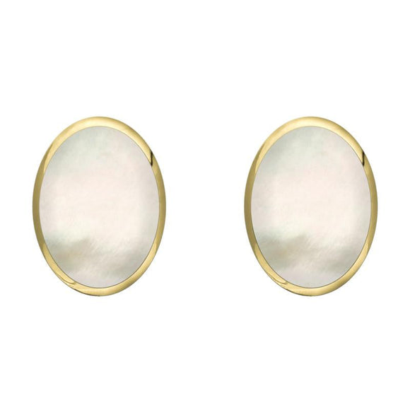 9ct Yellow Gold White Mother of Pearl 8 x 10mm Classic Large Oval Stud Earrings, E007.