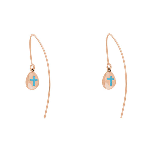 9ct Rose Gold Turquoise Cross Disc Drop Earrings, E1374.