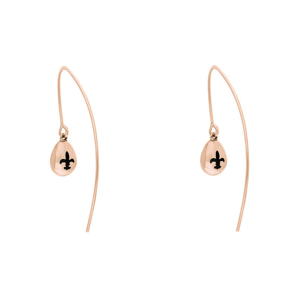 9ct Rose Gold Whitby Jet Fleur De Lis Disc Drop Earrings, E1373.